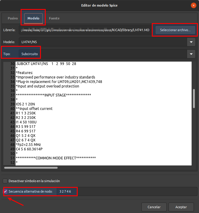 Ajustes finales de asignación del modelo spice del LM741