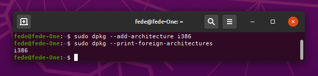 Terminal con comandos para añadir arquitectura de 32 bits