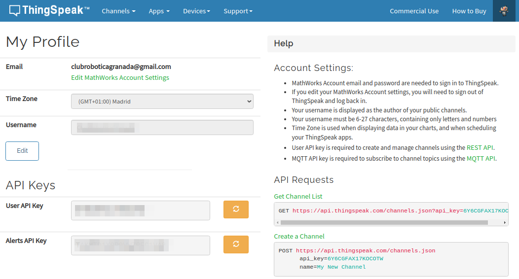 Perfil de la cuenta creada en Thingspeak