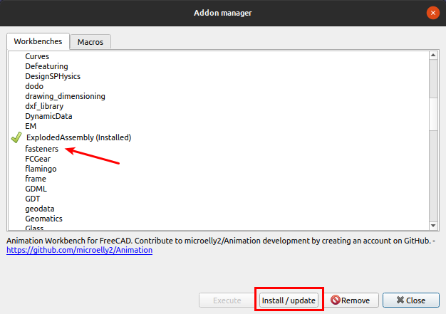 Localizar fasteners en Addon manager