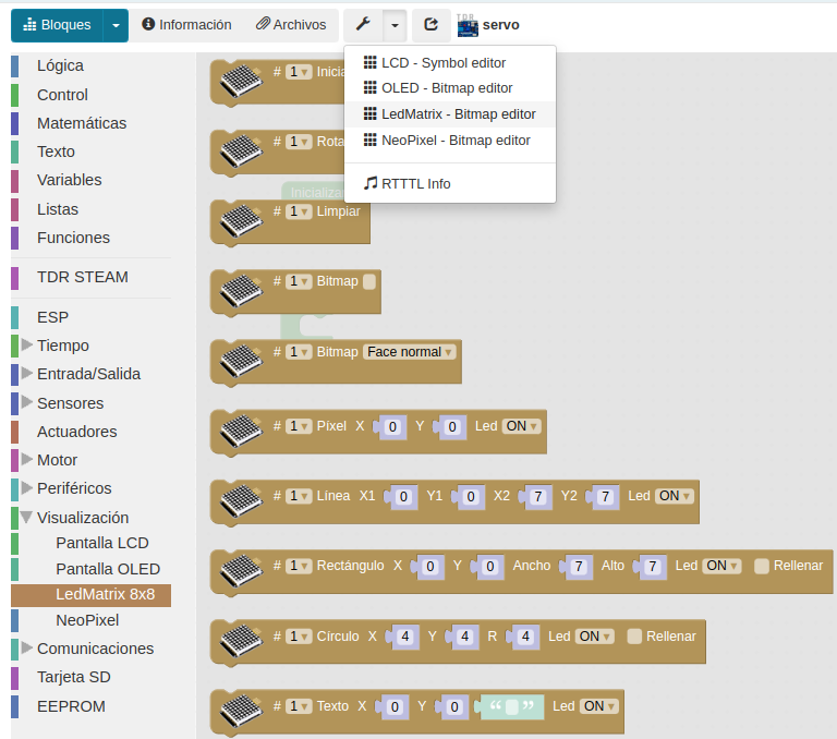 Bloques en ArduinoBlocks para la matriz I2C de 8x8 y diseñador