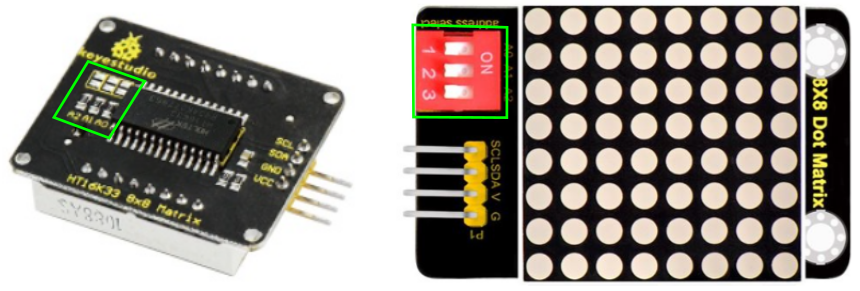 Pads y microinterruptores para configuración dirección física I2C